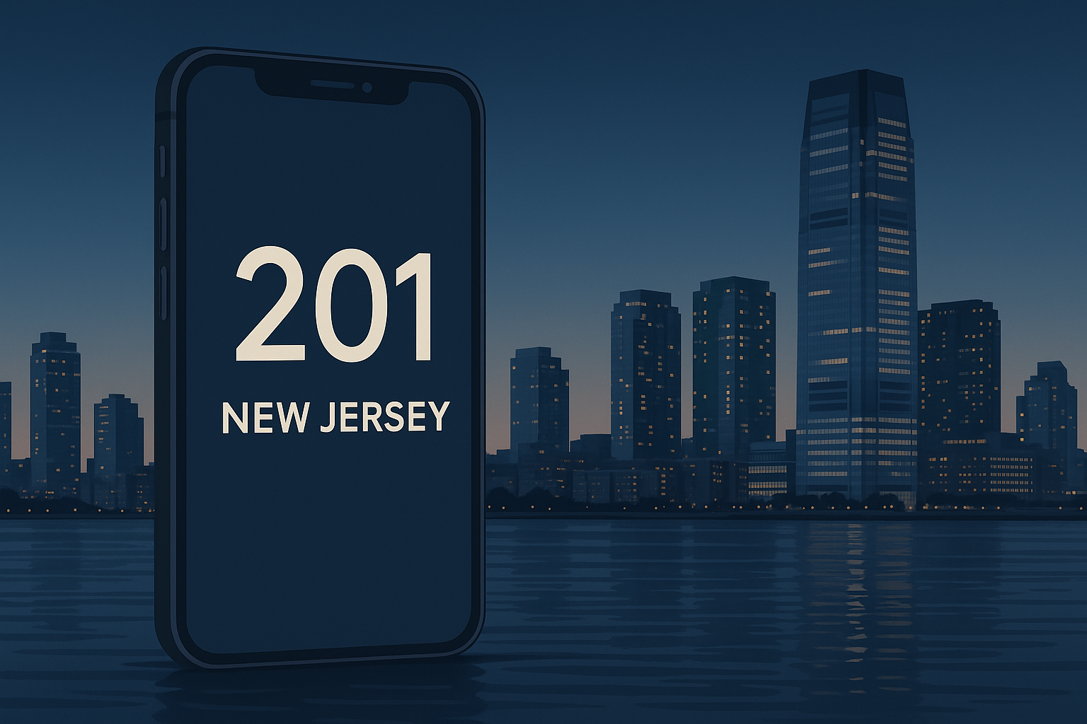 Stylized smartphone showing 201 area code over the Jersey City skyline