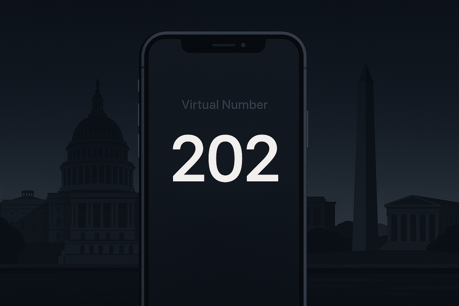 Stylized smartphone showing 202 area code over the U.S. Capitol
