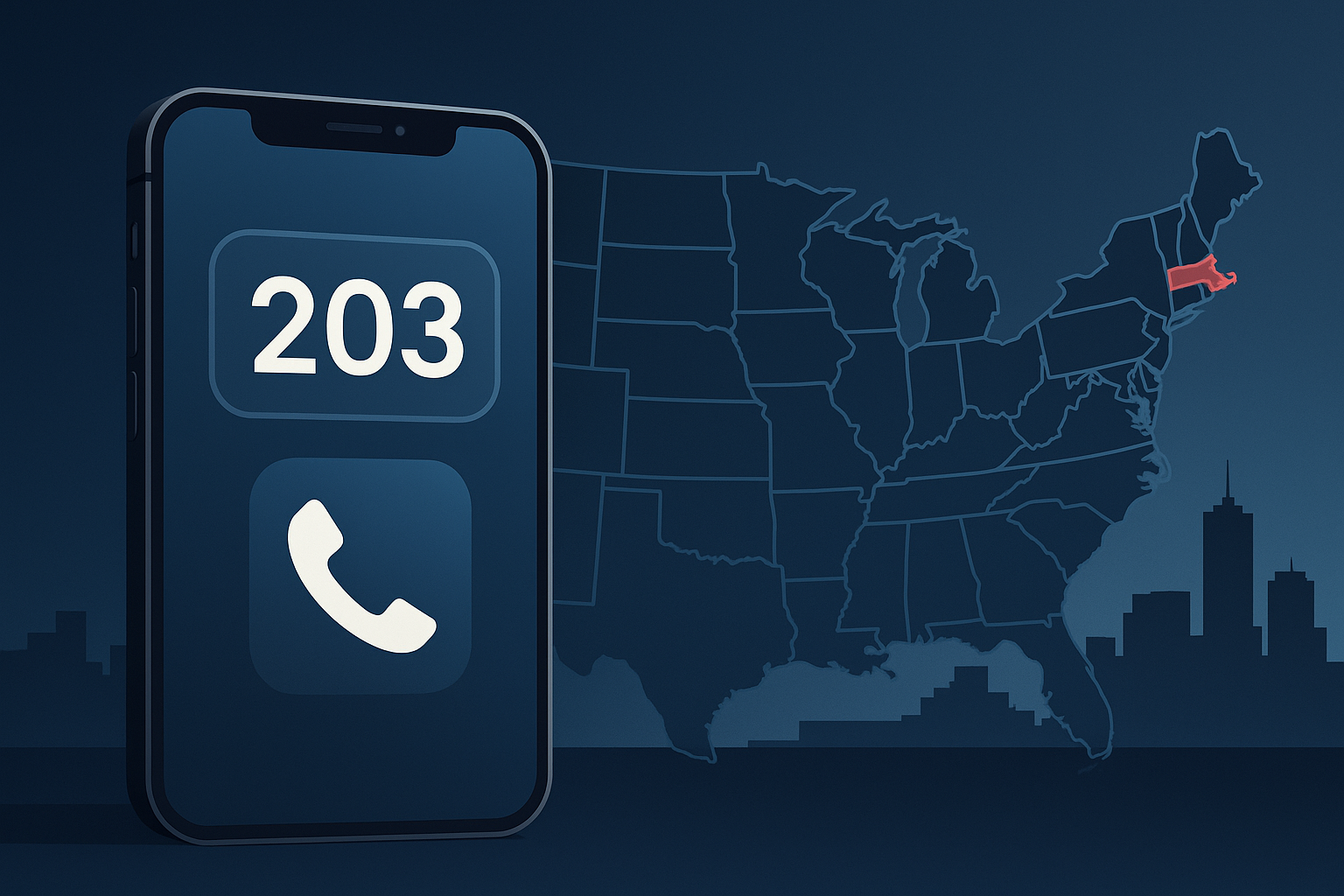 Stylized smartphone showing 203 area code over the Bridgeport skyline