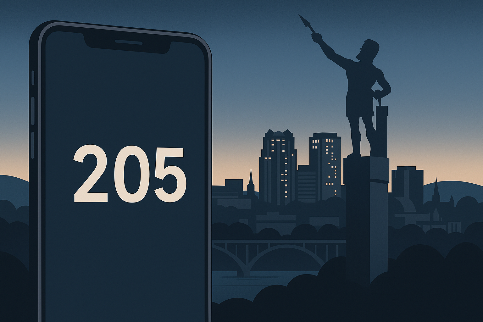 Stylized phone showing 205 area code over Birmingham skyline