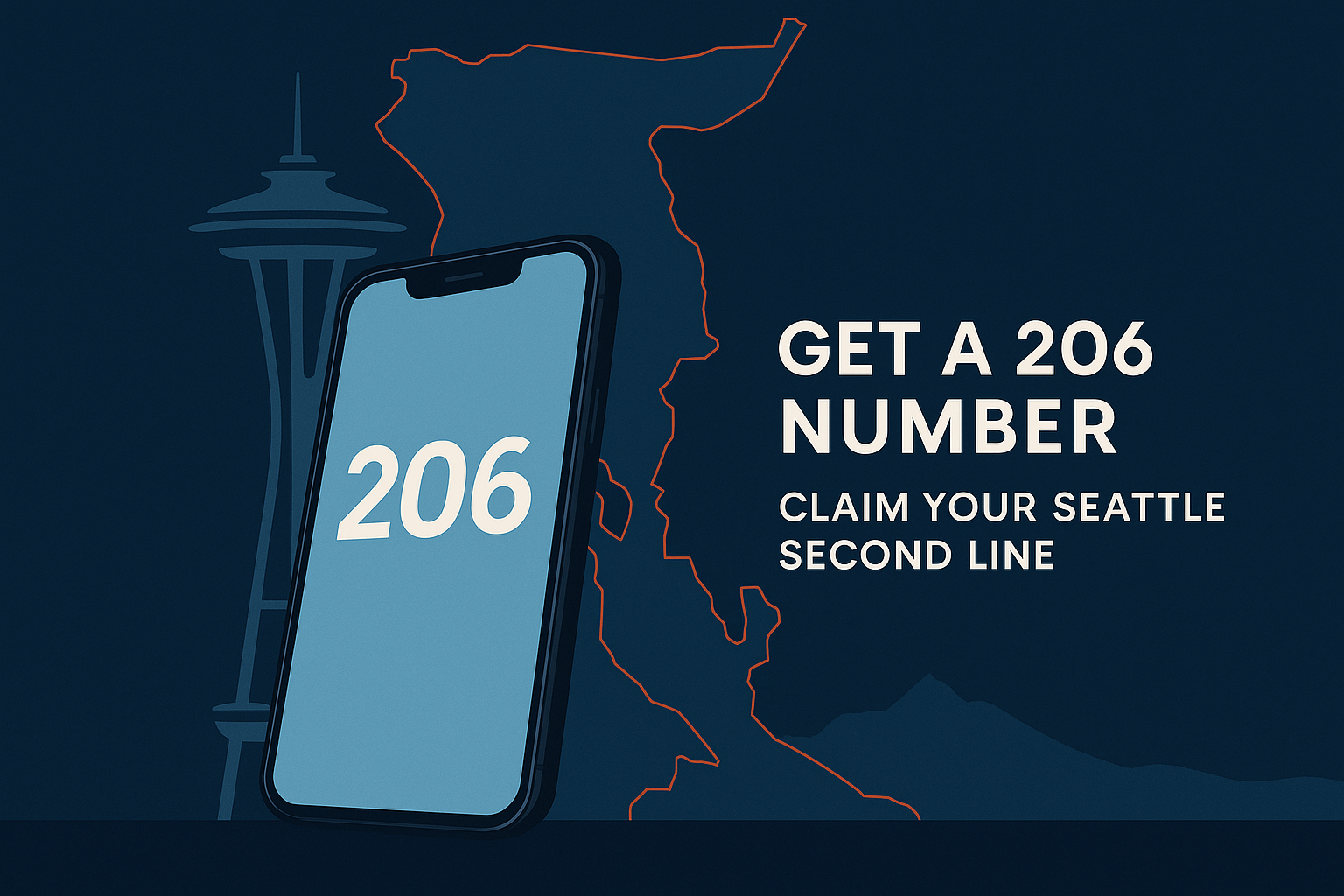 Stylized smartphone showing 206 area code over the Seattle skyline