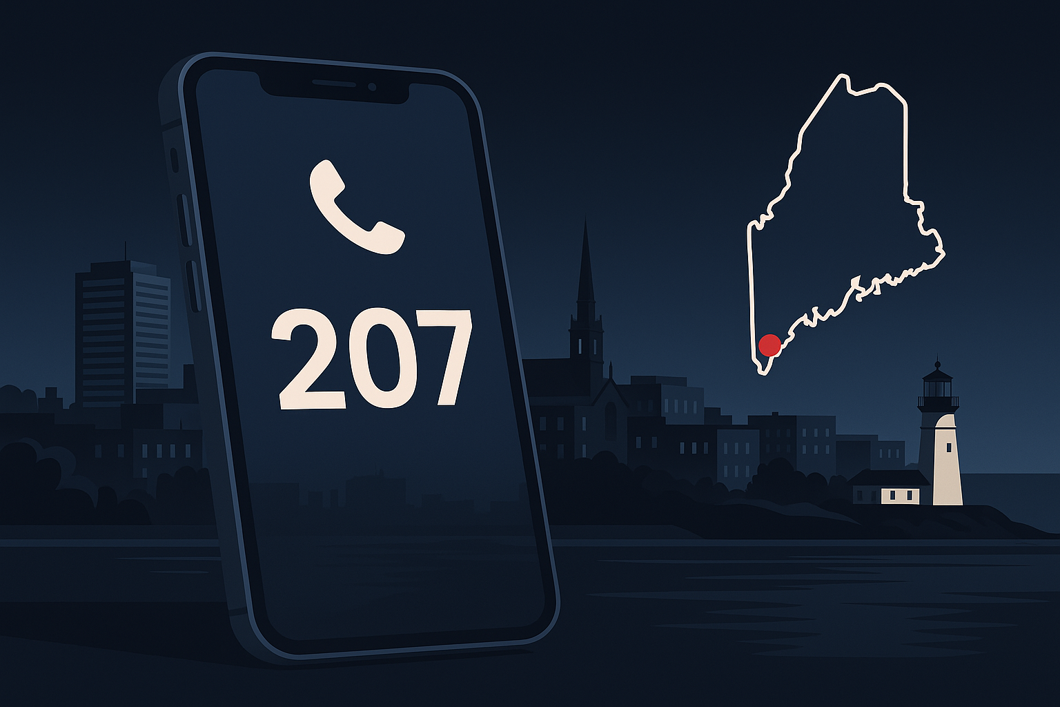 Stylized smartphone showing 207 area code over a map of Maine