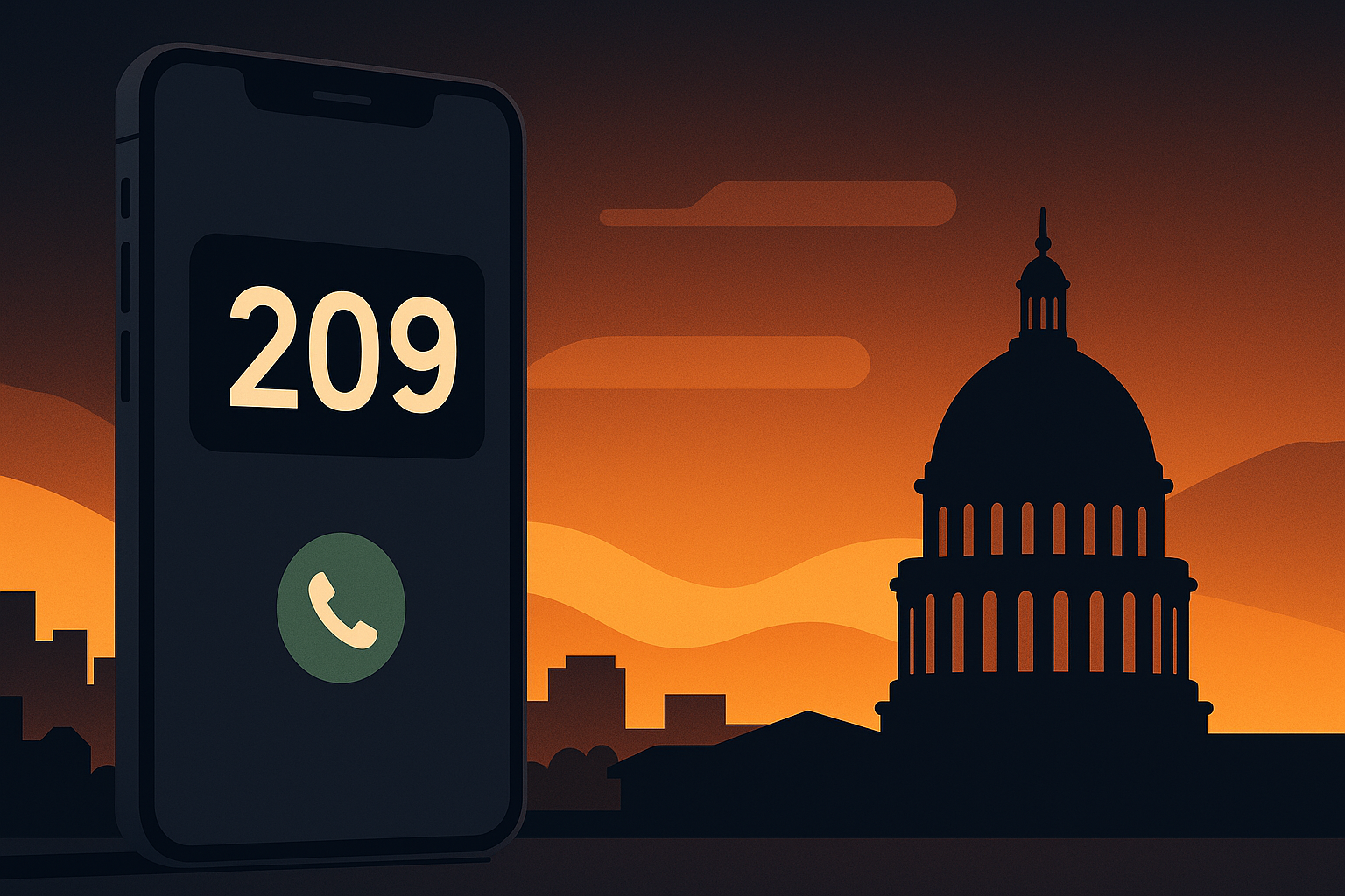 Stylized smartphone showing 209 area code over the Stockton skyline