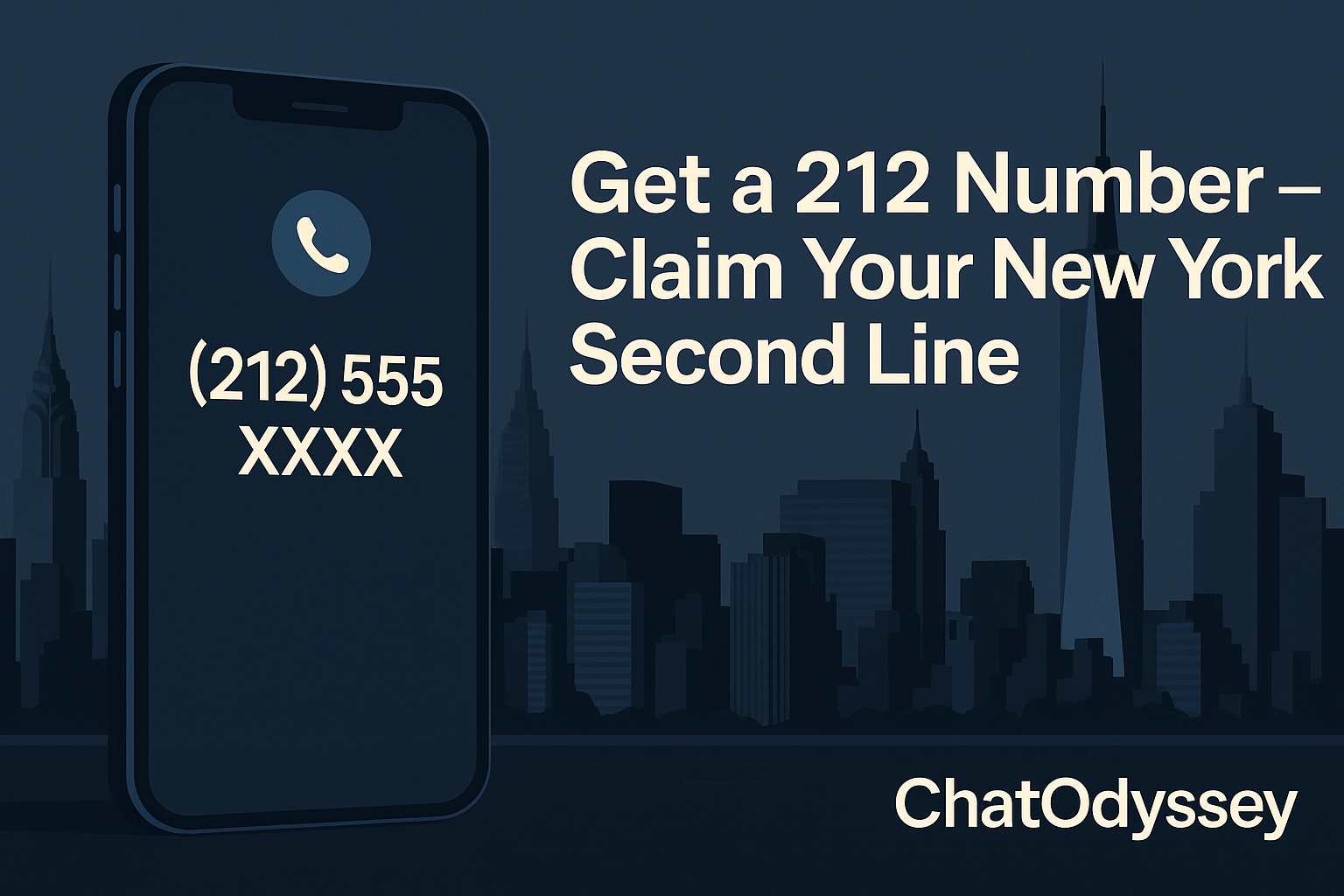 Stylized smartphone showing 212 area code over the Manhattan skyline