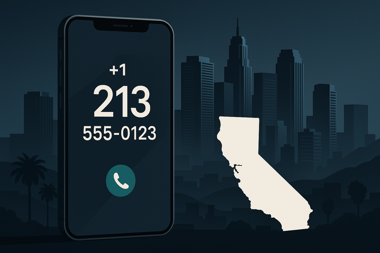 Stylized smartphone showing 213 area code over the Los Angeles skyline
