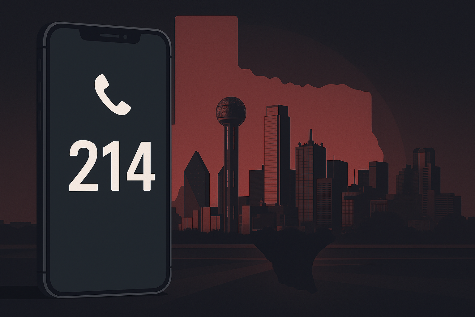 Stylized smartphone showing 214 area code over the Dallas skyline