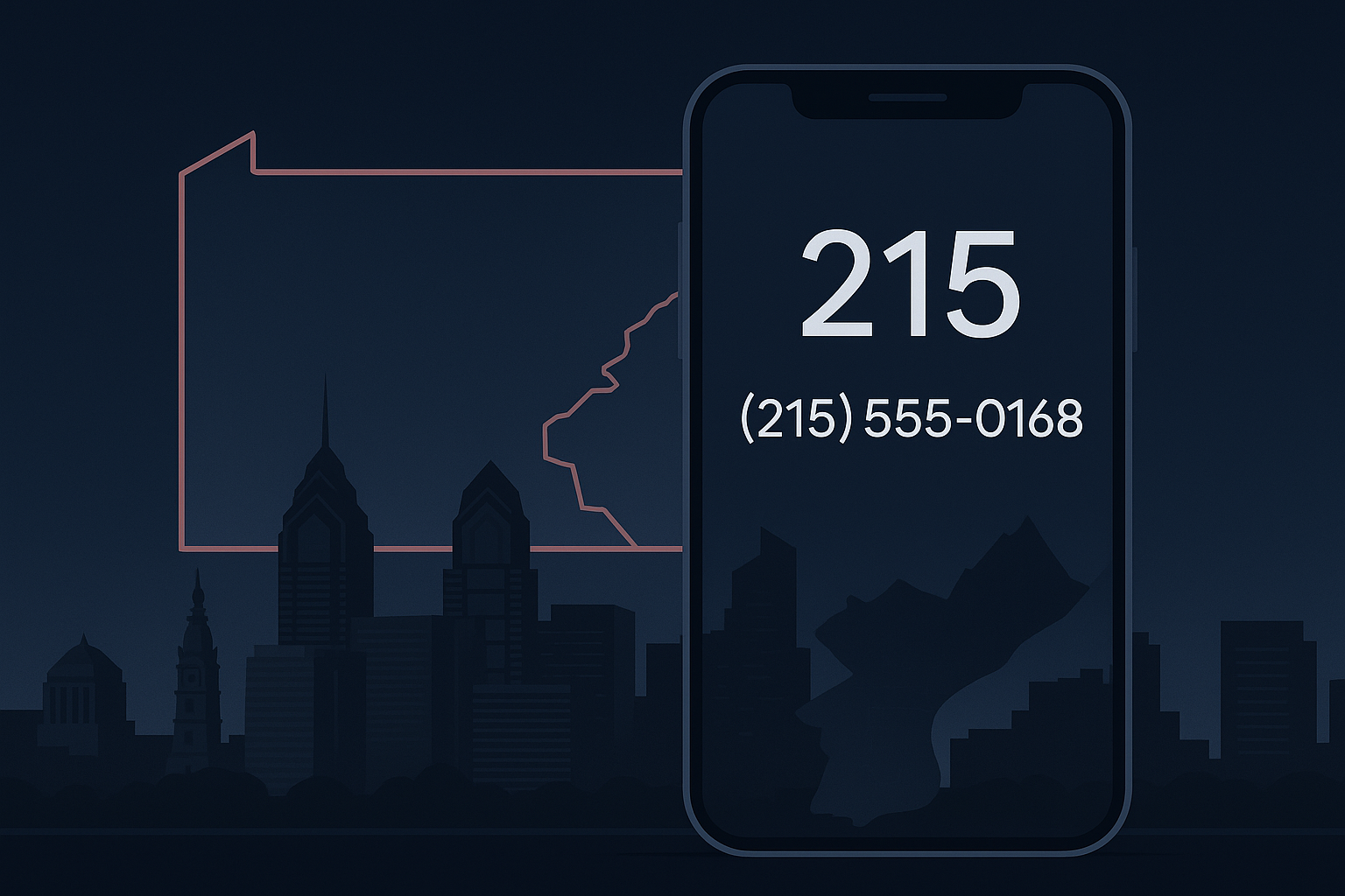 Stylized smartphone showing 215 area code over Philadelphia skyline