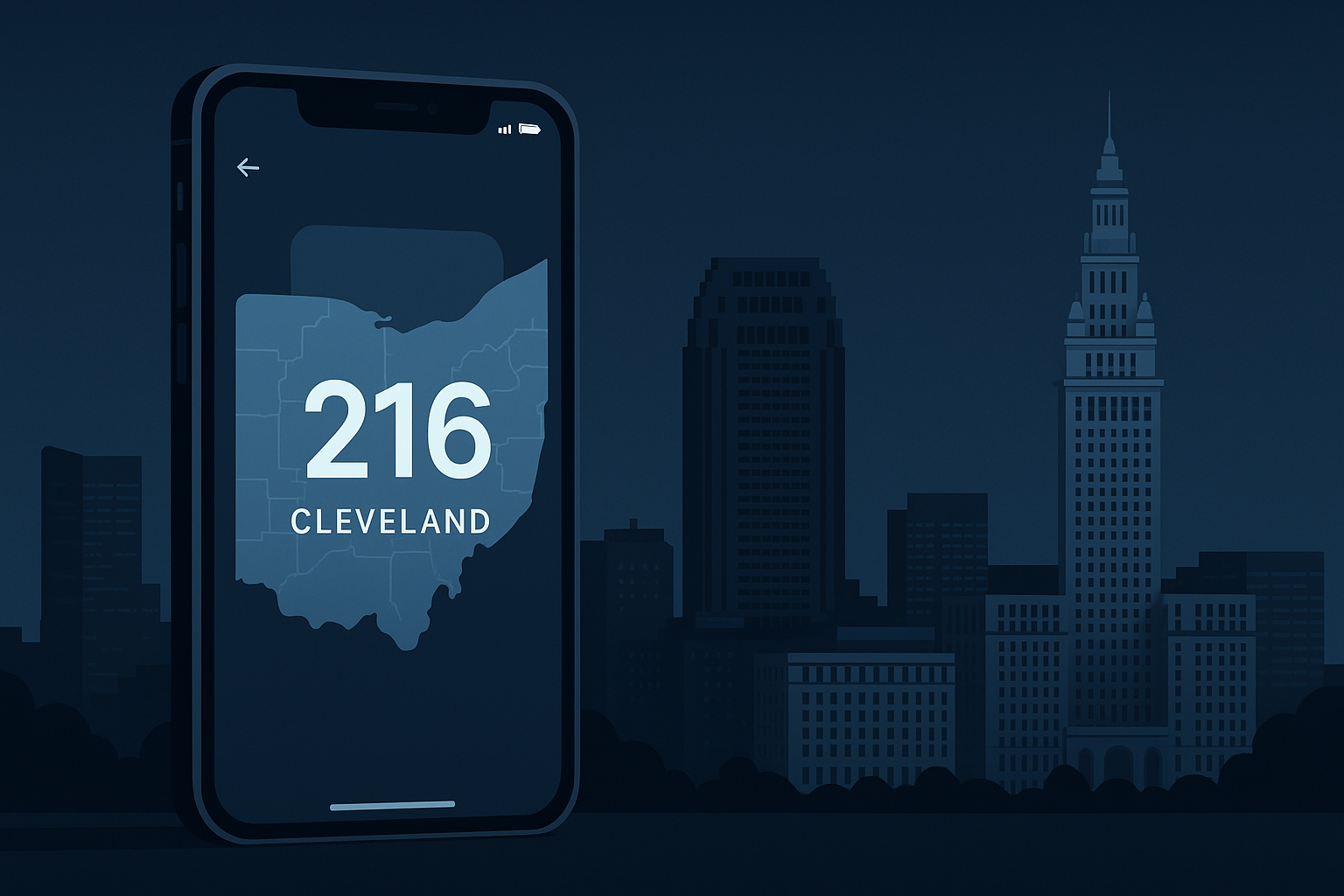 Stylized smartphone displaying 216 area code over Cleveland skyline