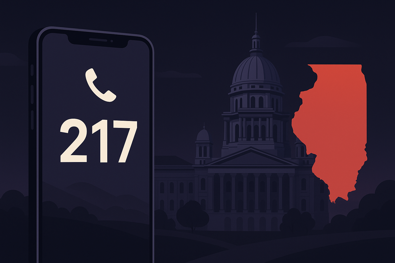 Stylized smartphone showing 217 area code over Springfield skyline