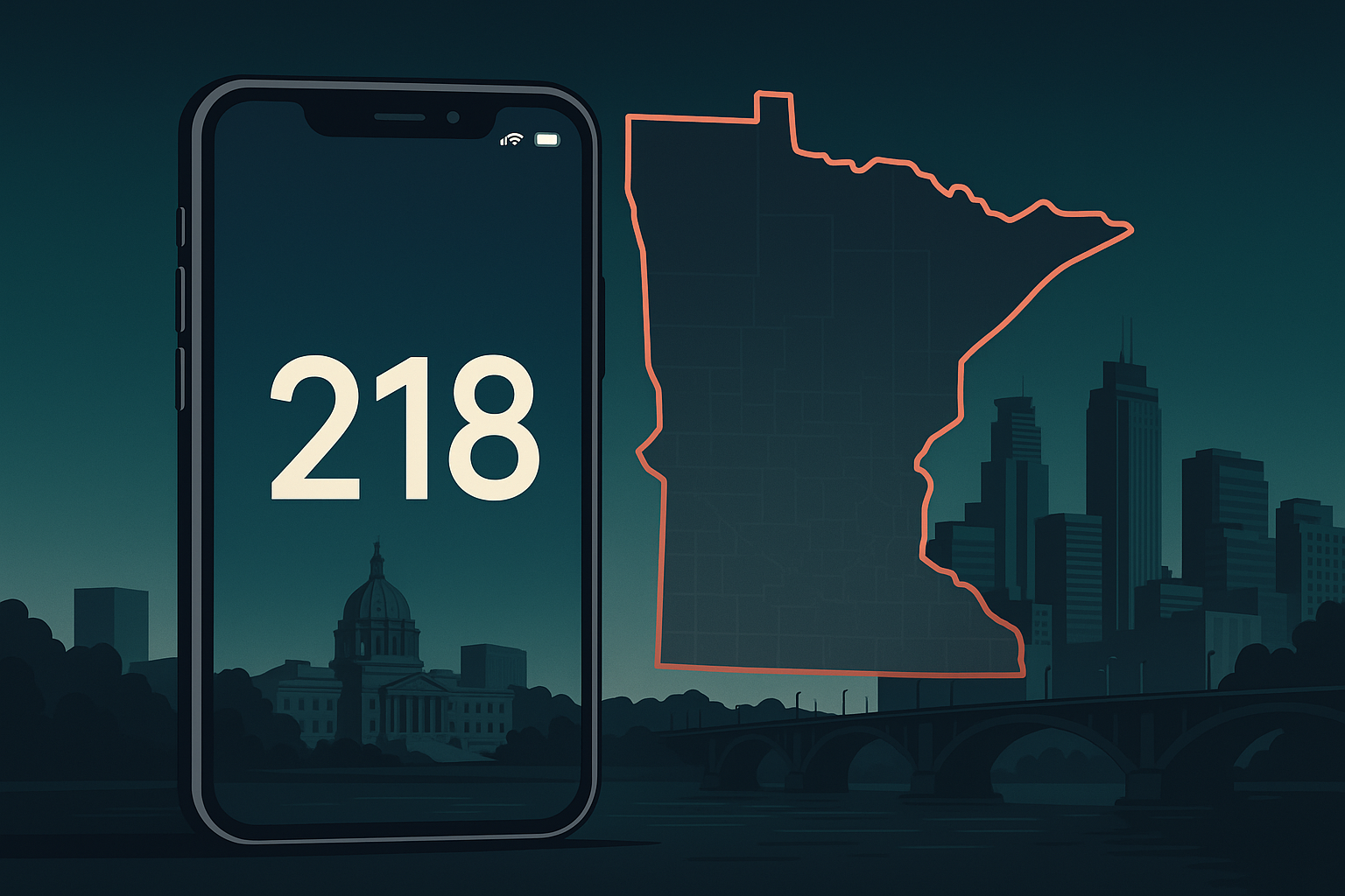 Stylized smartphone showing 218 area code over Lake Superior shoreline