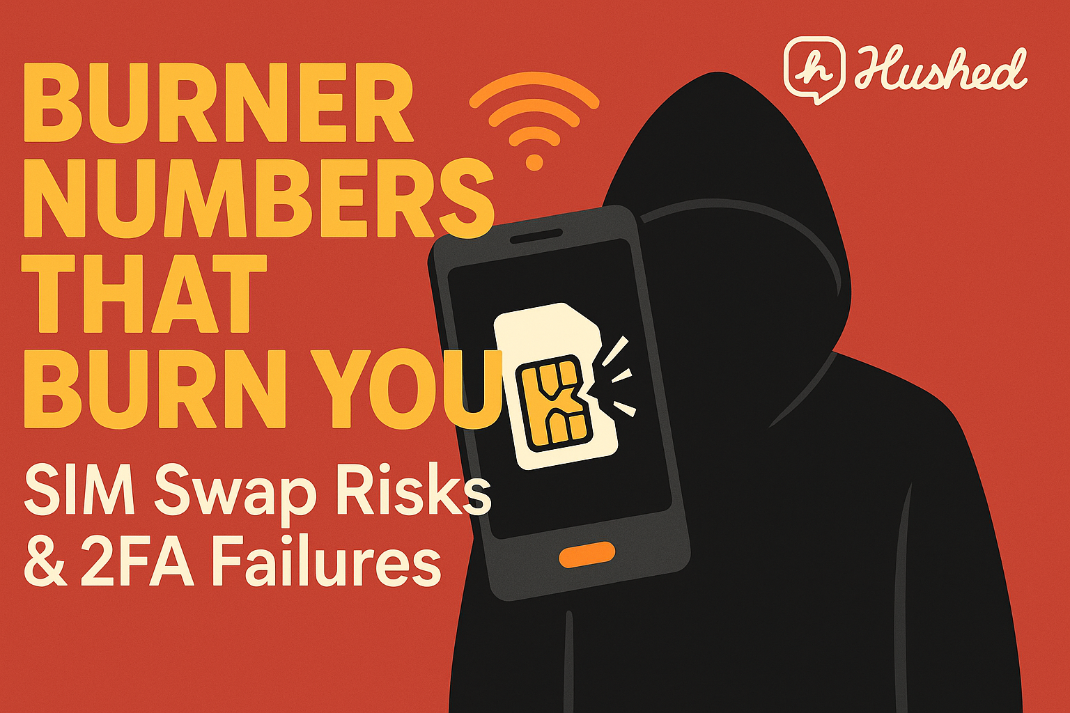 SIM swap hacker silhouette with broken phone icon