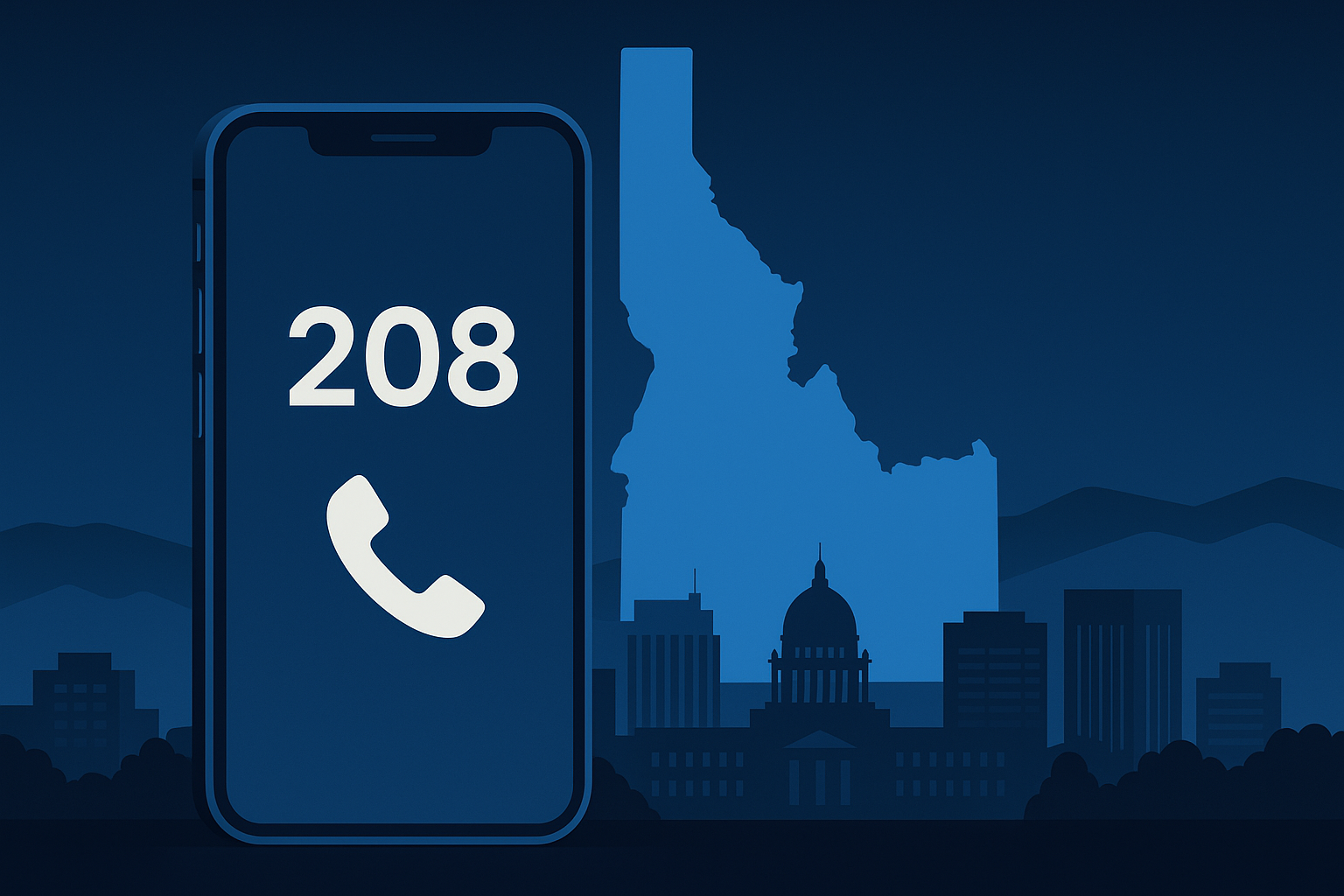 Stylized phone showing 208 area code over Boise skyline