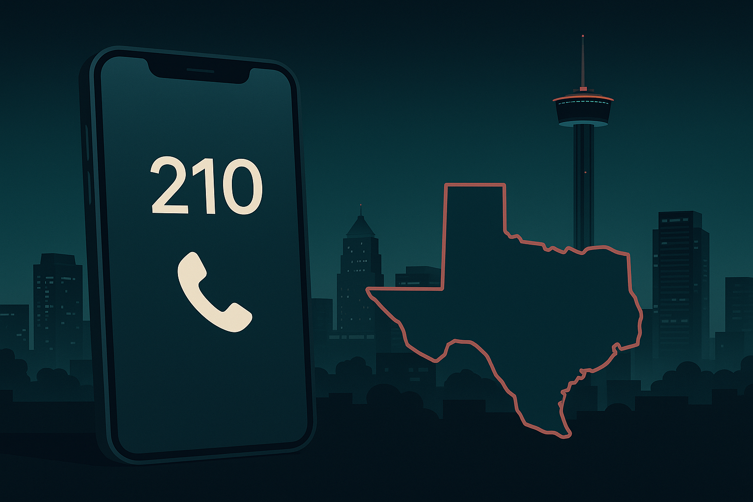 Stylized smartphone showing 210 area code over the San Antonio skyline