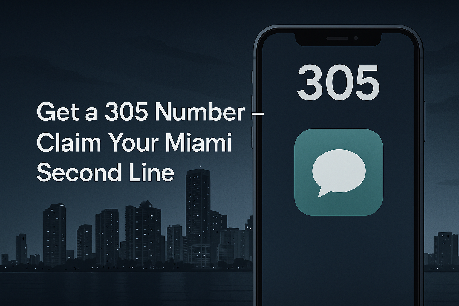 Stylized smartphone showing 305 area code over a Miami skyline