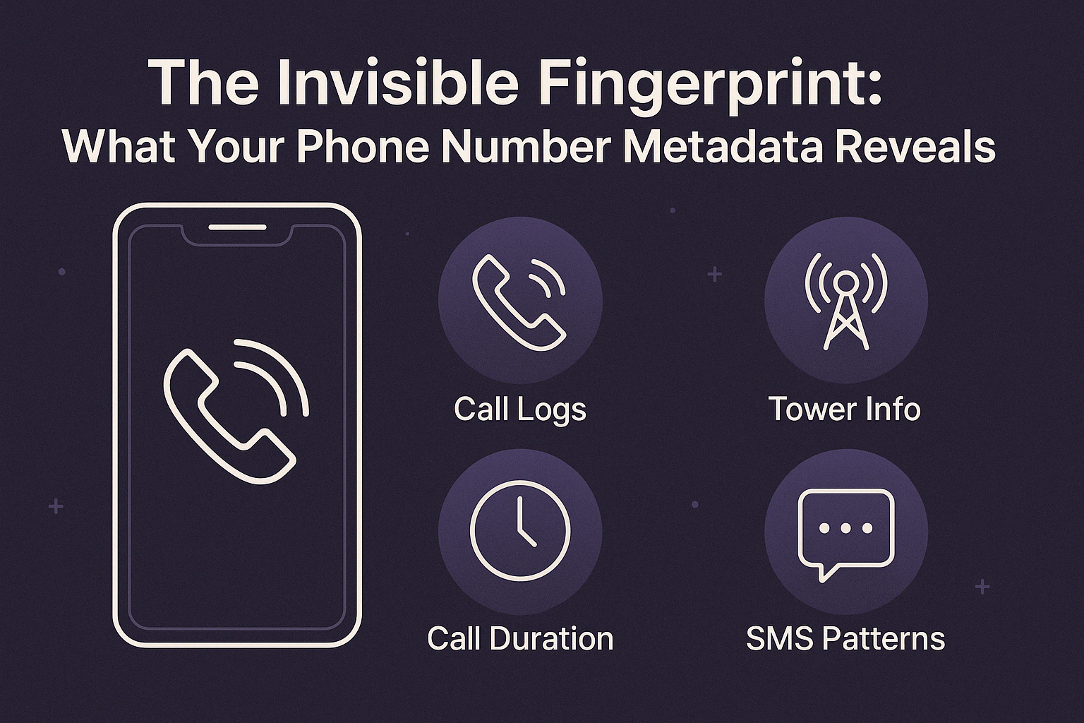 Graphic illustrating phone metadata elements like call logs, cell tower locations, and SMS patterns